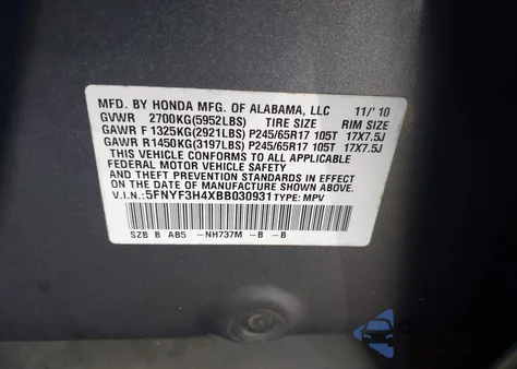 2011 Honda Pilot Ex из США, поврежденный, VIN 5FNYF3H4XBB030931